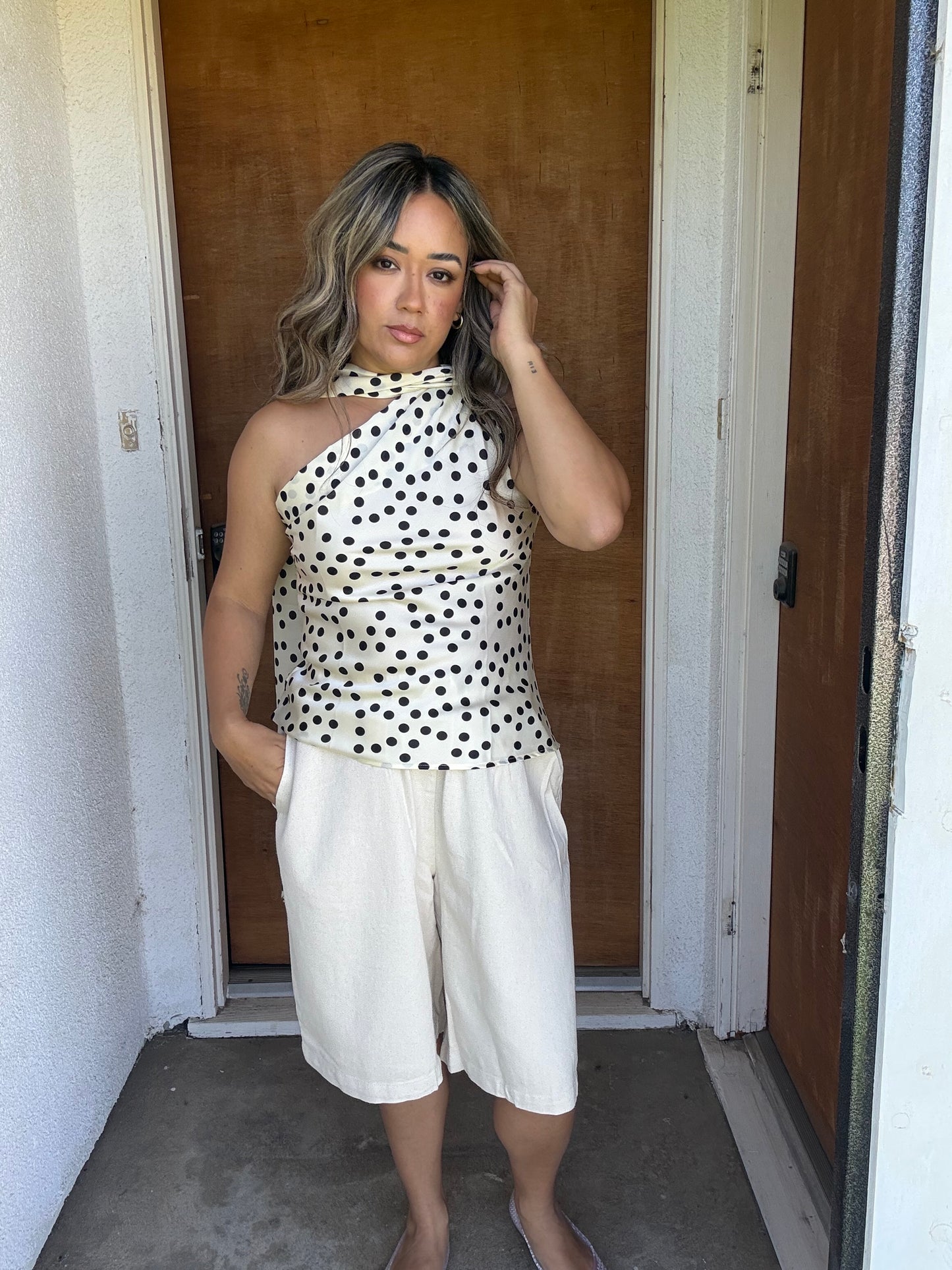 Gemma Polka Dot Scarf One Shoulder Top