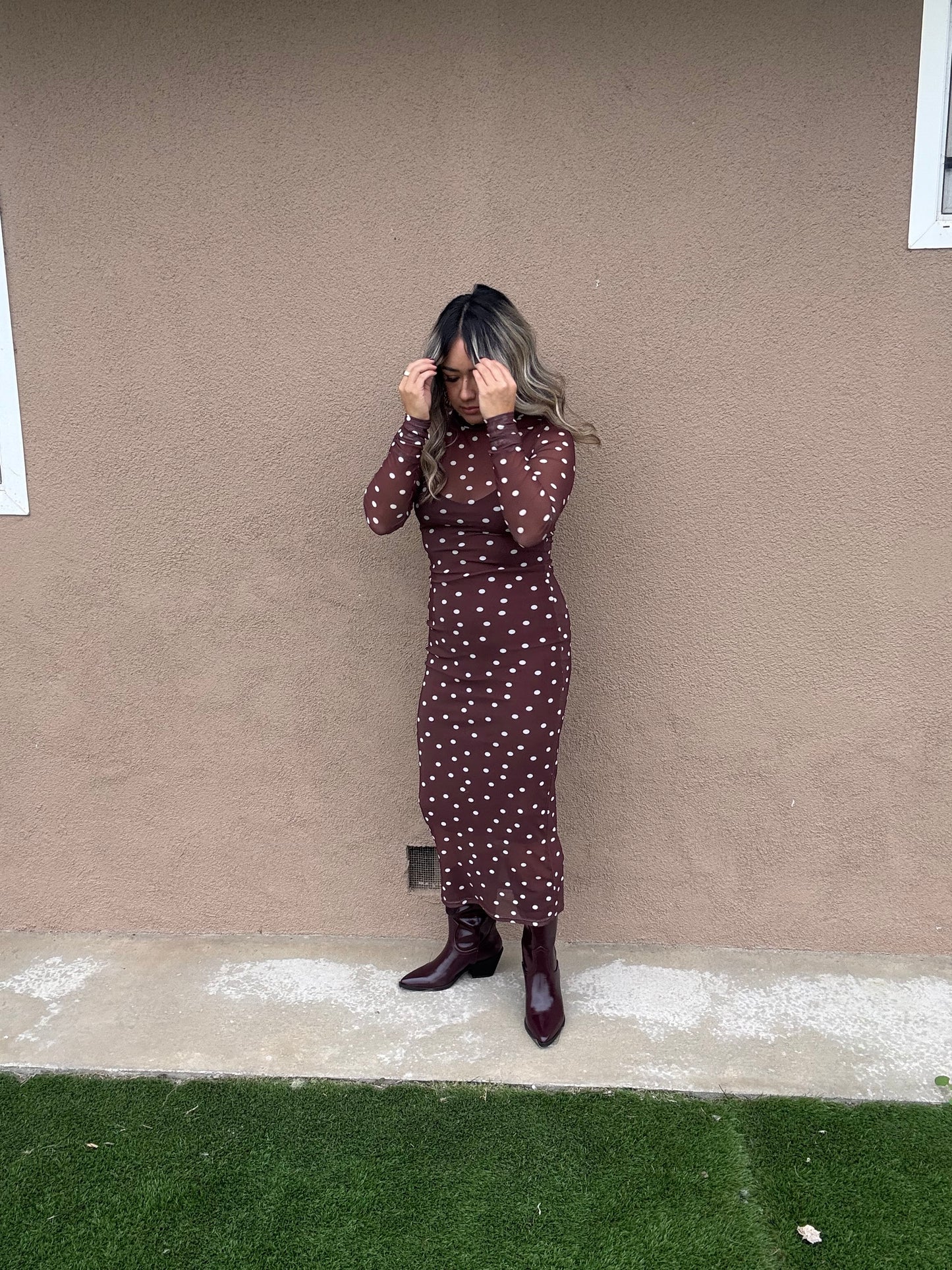 Linda Brown Polka Dot Mesh Maxi