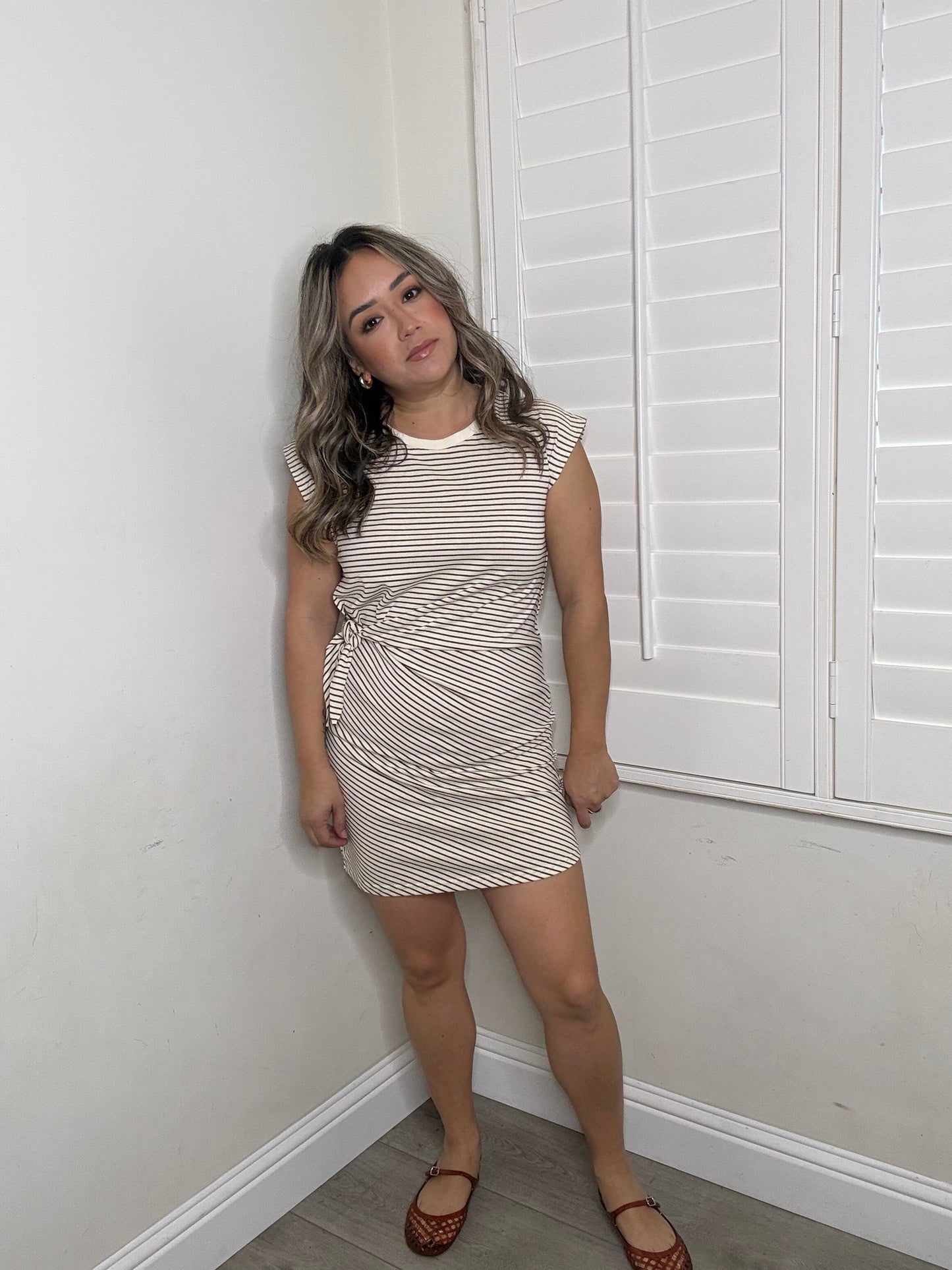 Sunnie Striped Knit Mini Knot Dress- Chocolate