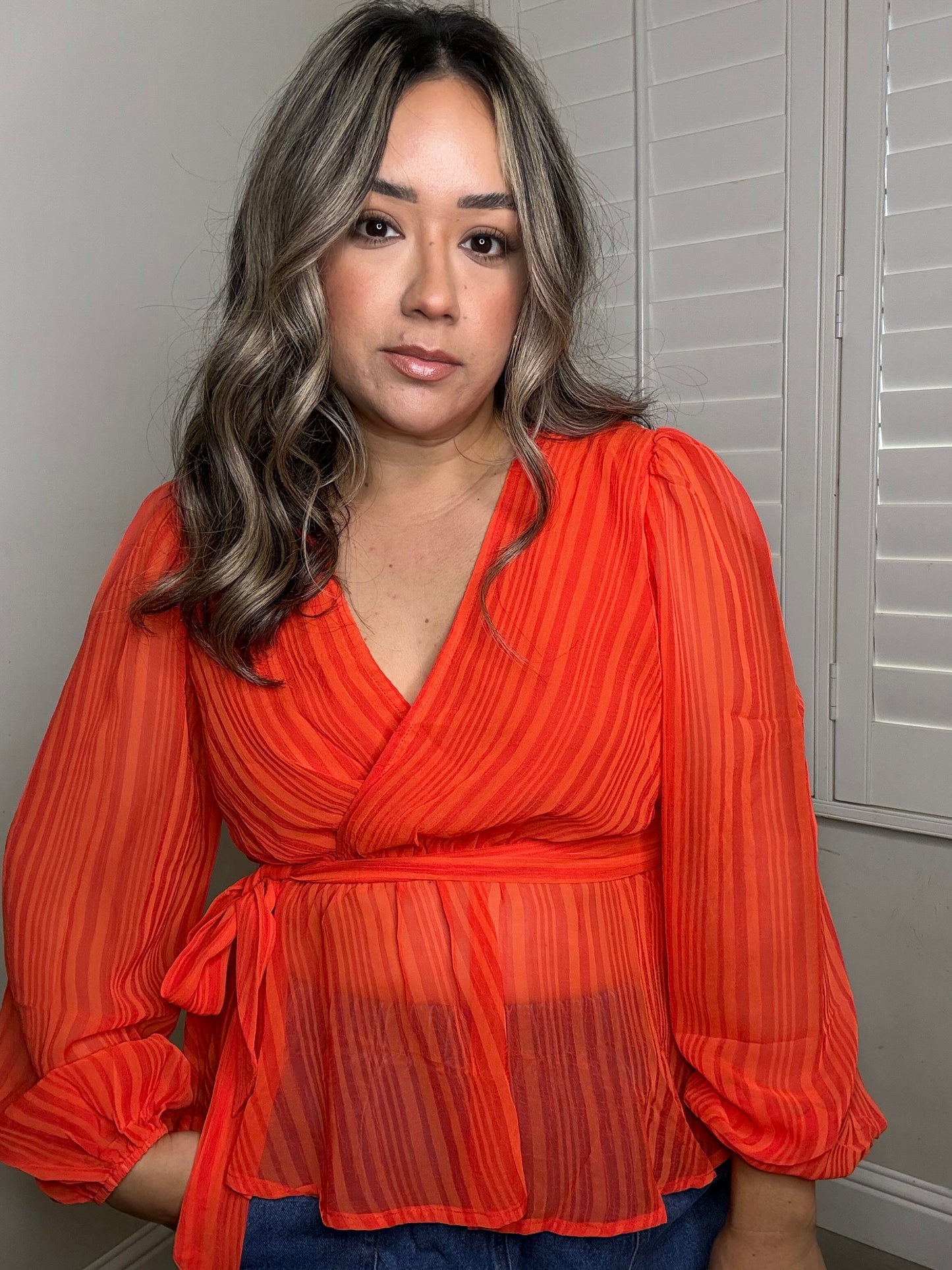 Spritz Sheer Long Sleeve Blouse- Tangerine