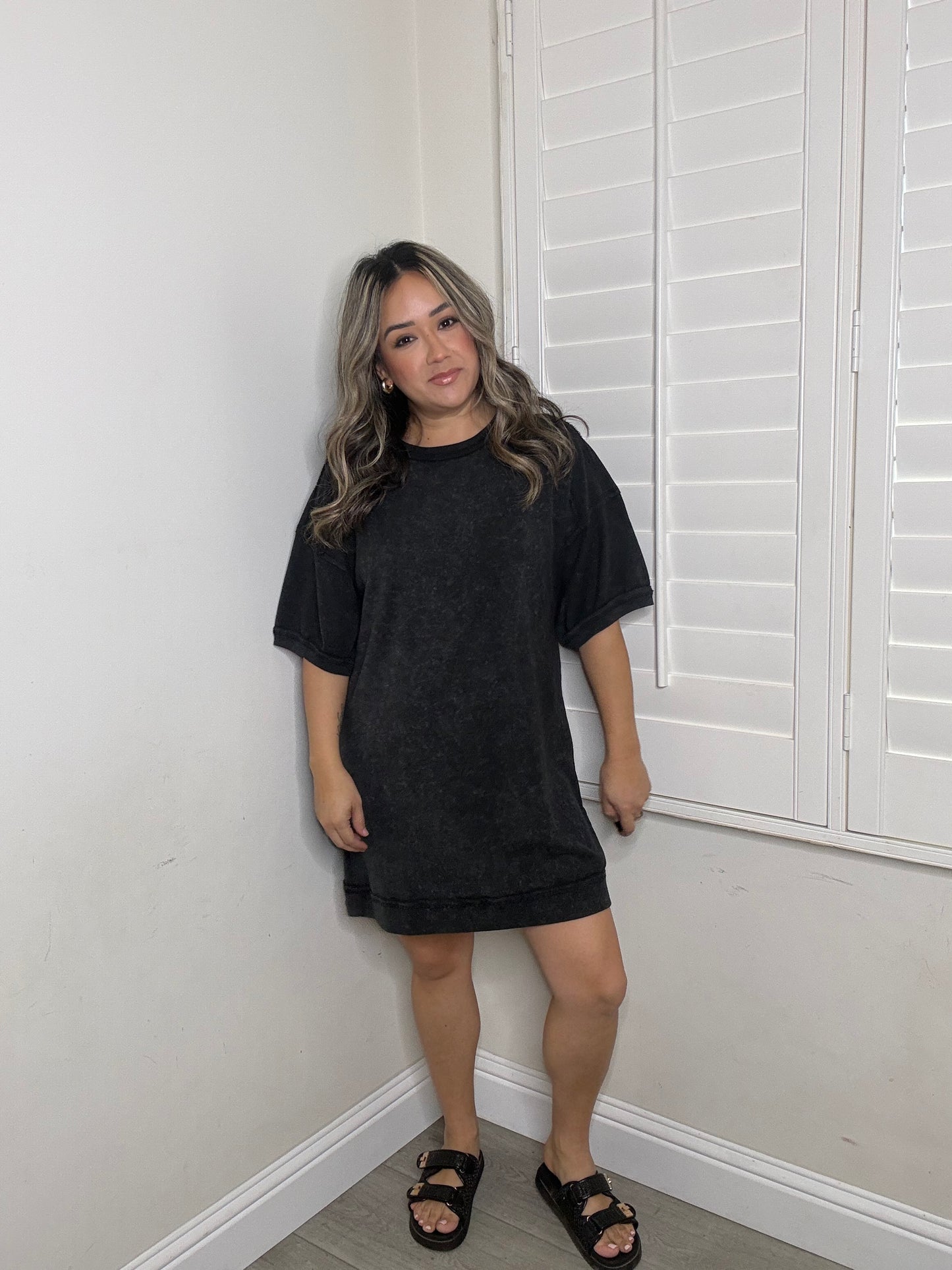 Regan Mini Tee Dress- Washed Black