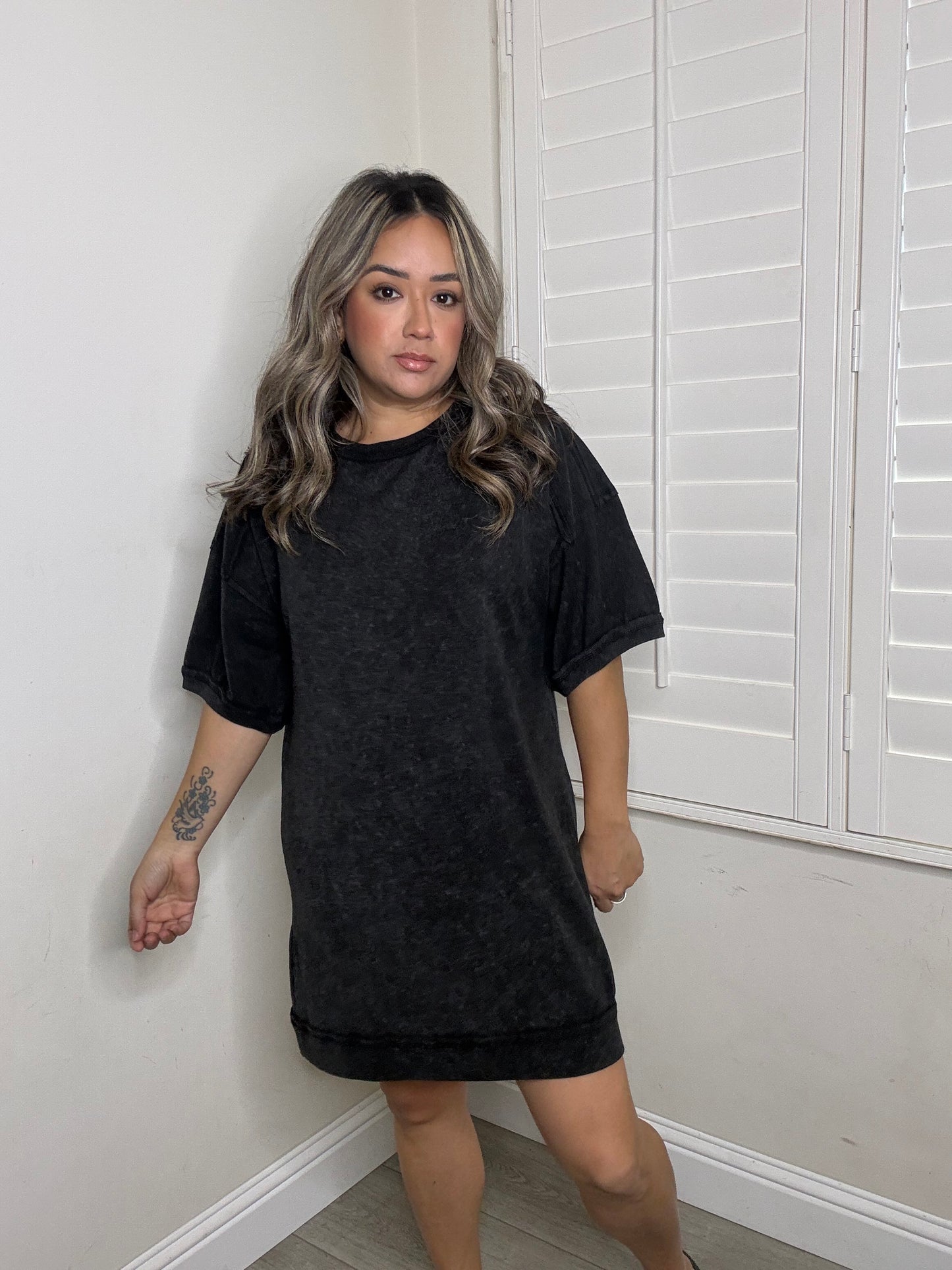 Regan Mini Tee Dress- Washed Black