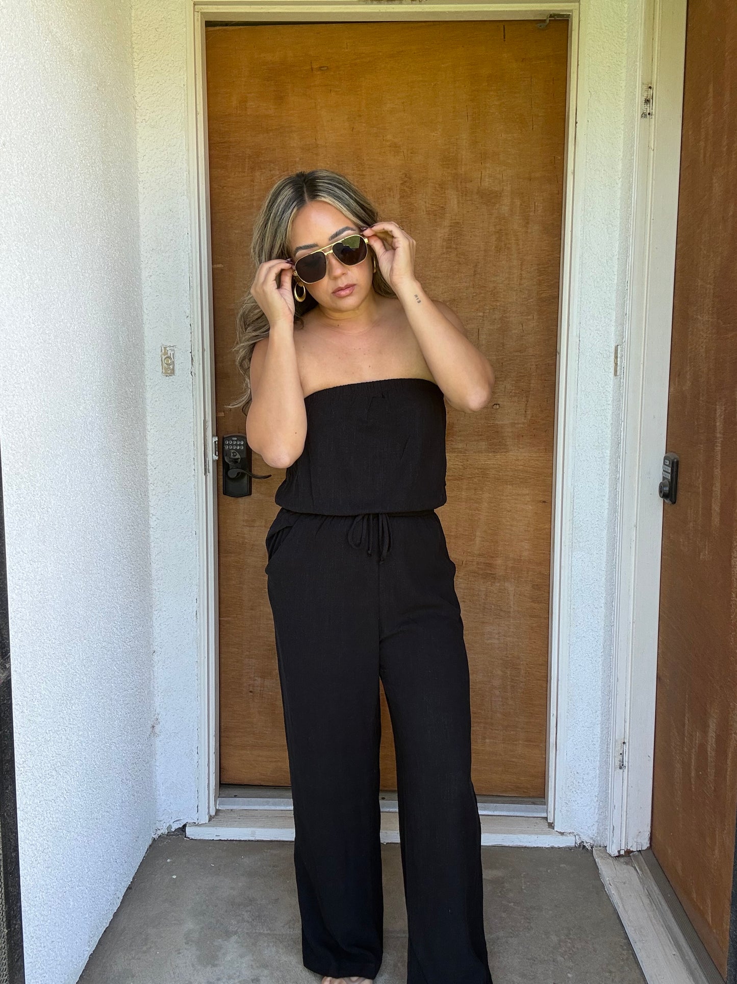 Elodie Linen Strapless Jumpsuit- Black