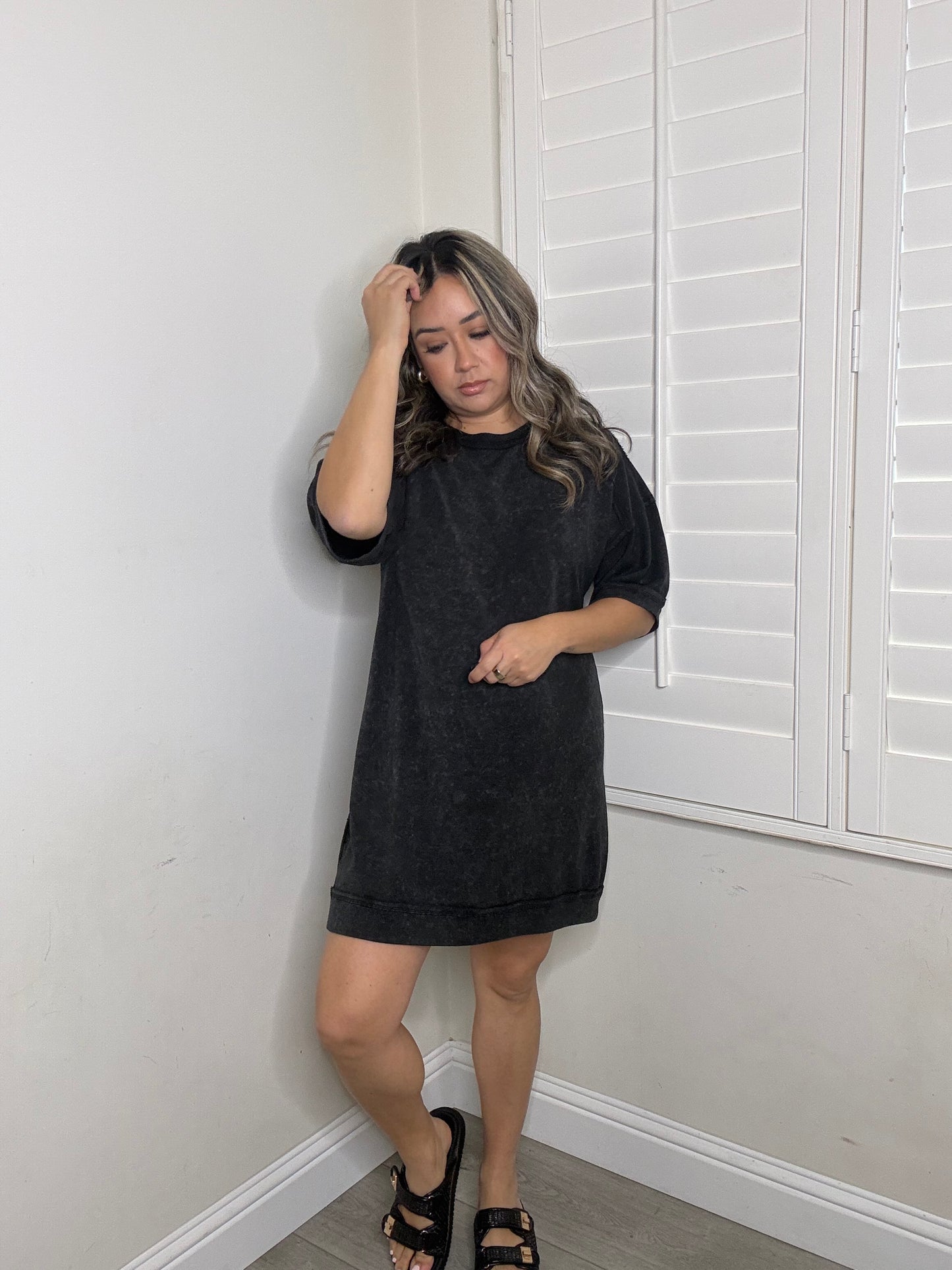 Regan Mini Tee Dress- Washed Black