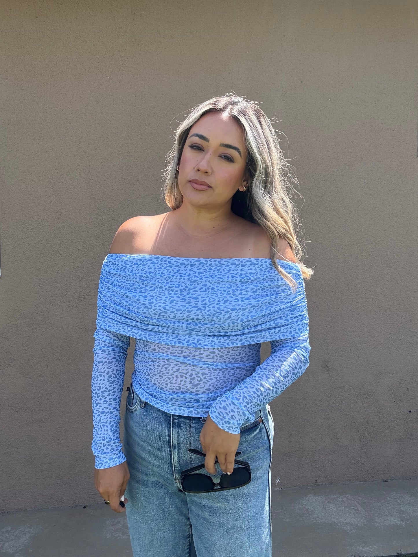 Kennedy Off Shoulder Animal Print Top- Baby Blue