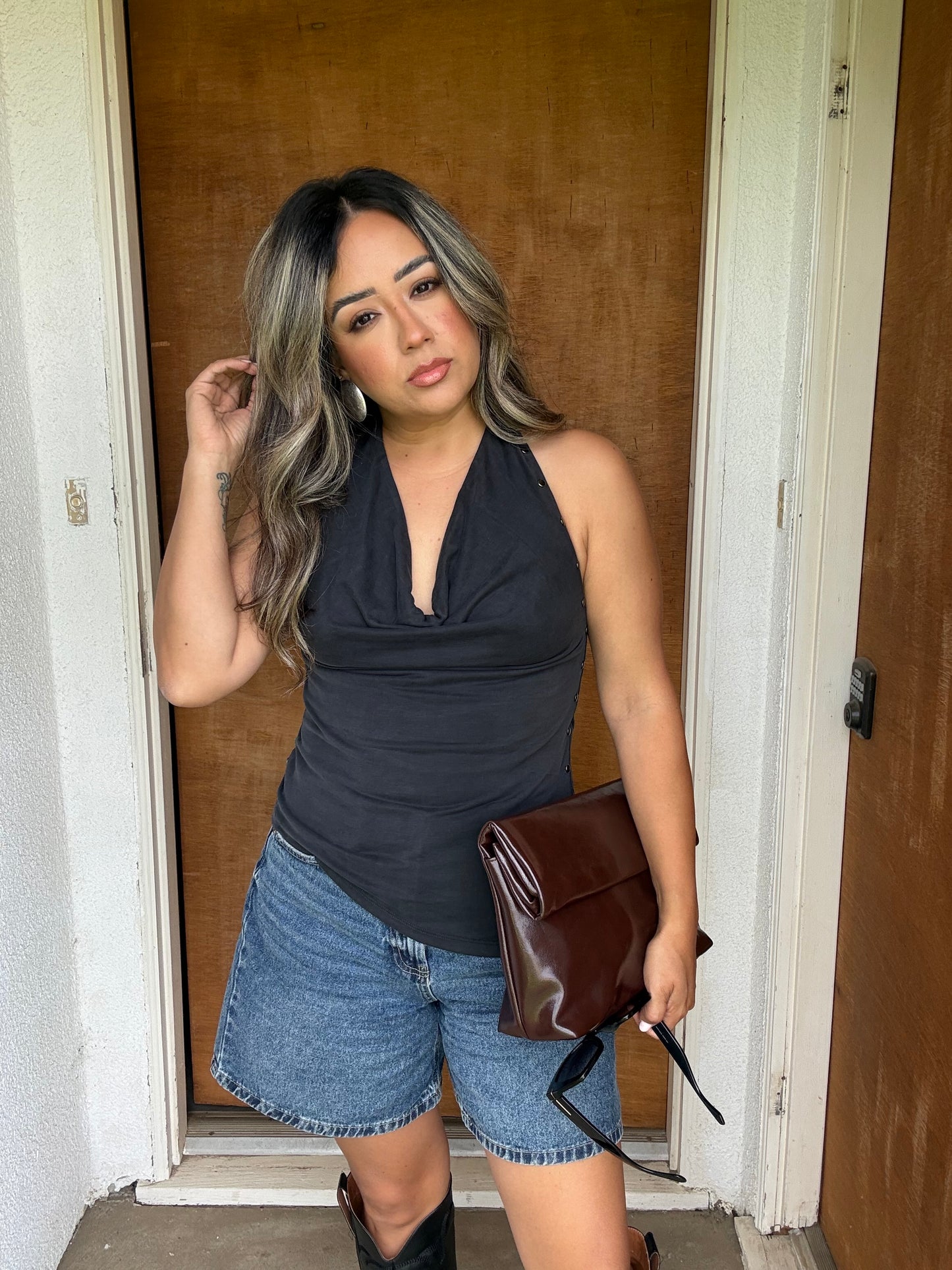 Justine Studded Halter Top- Charcoal