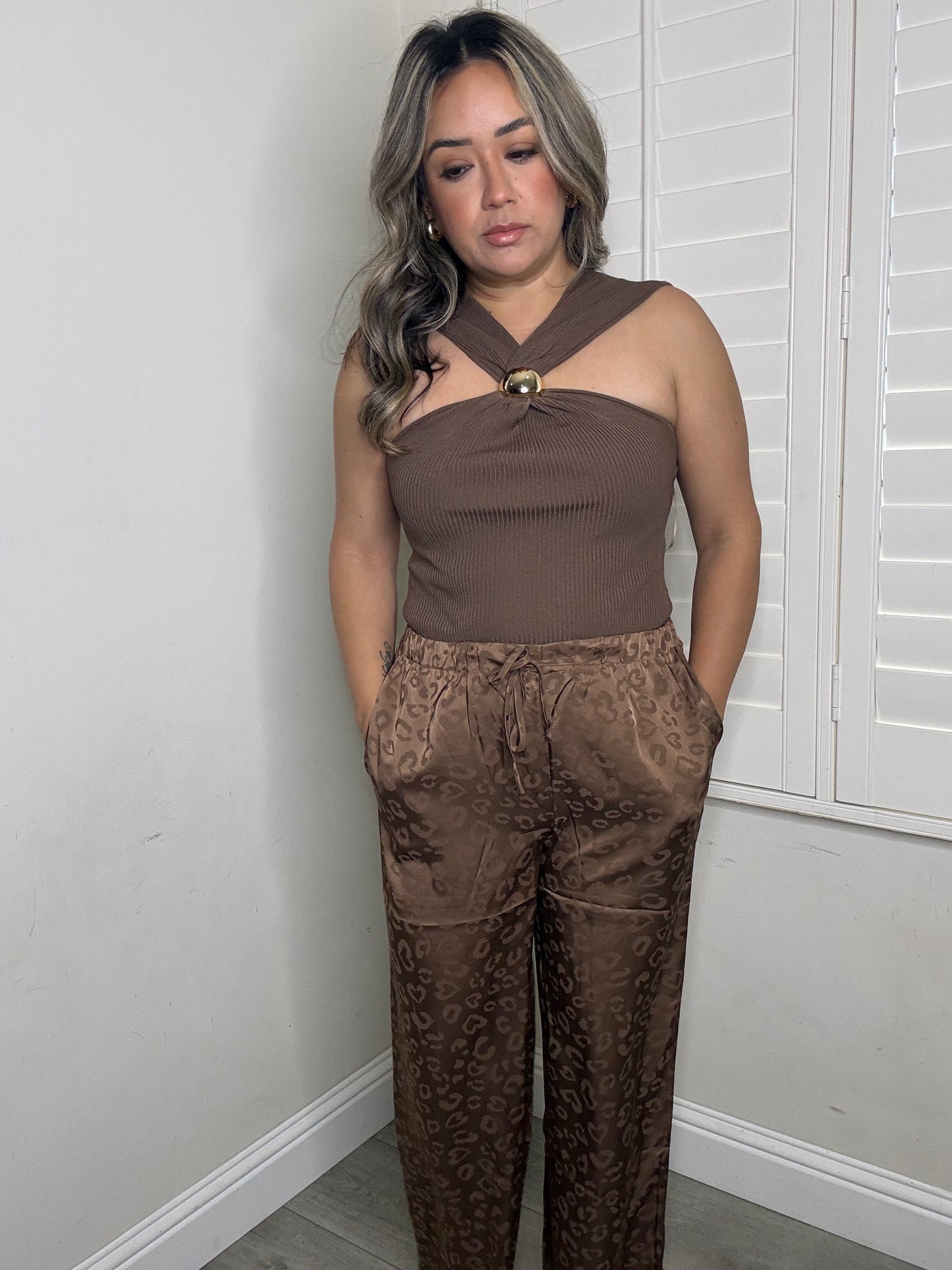 Marlah Gold Halter Buckle Top- Mocha