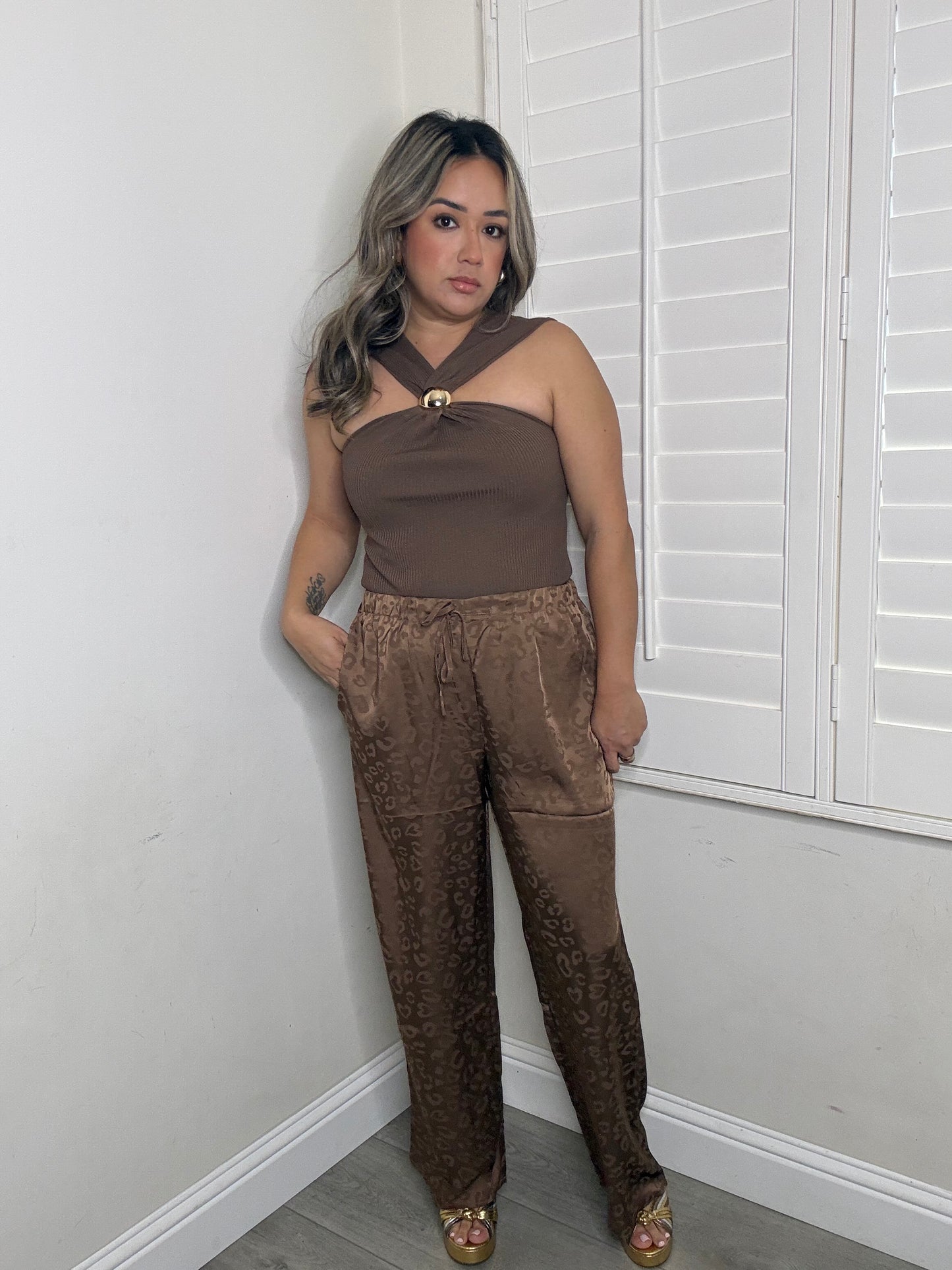 Marlah Gold Halter Buckle Top- Mocha