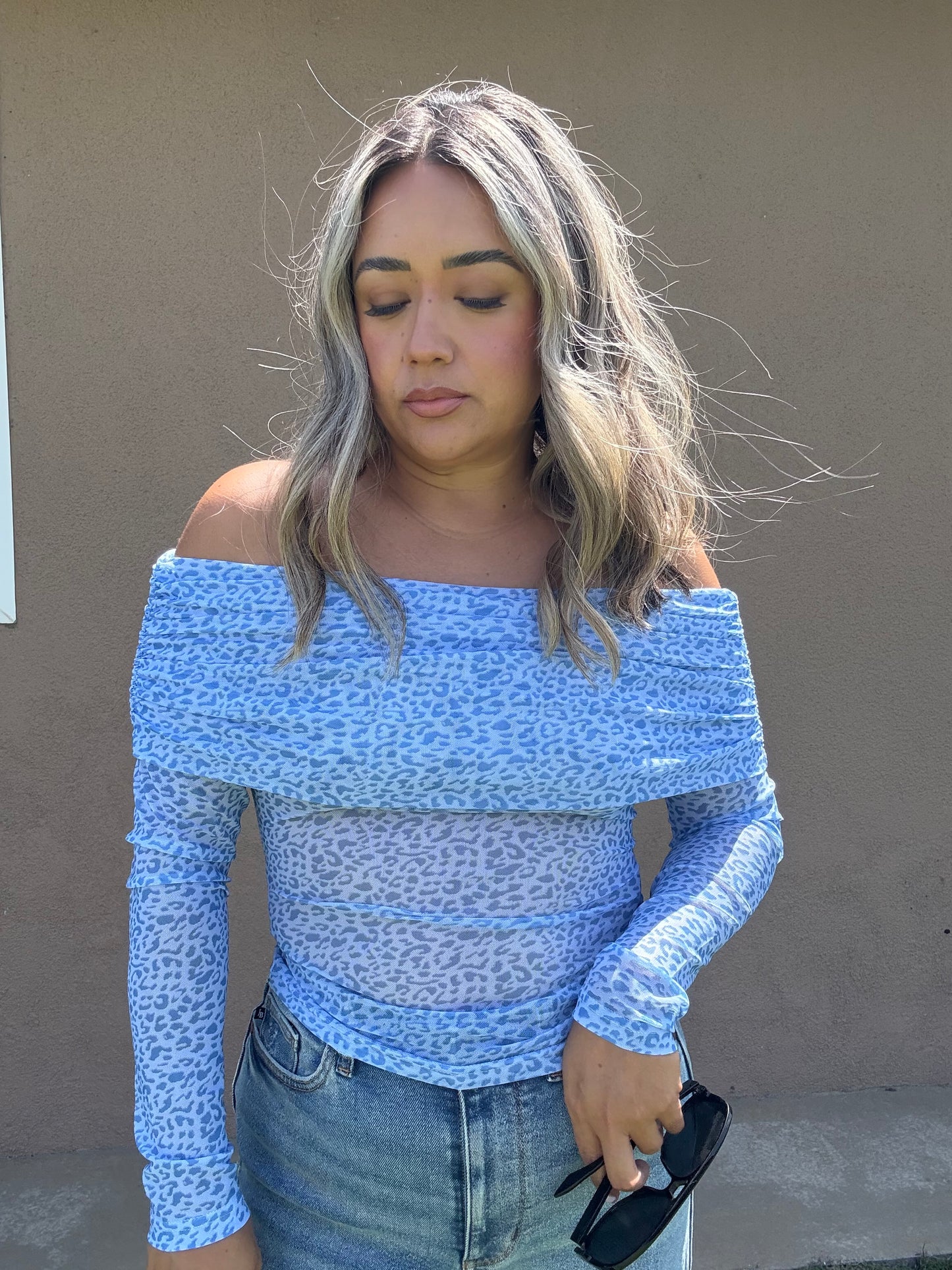 Kennedy Off Shoulder Animal Print Top- Baby Blue
