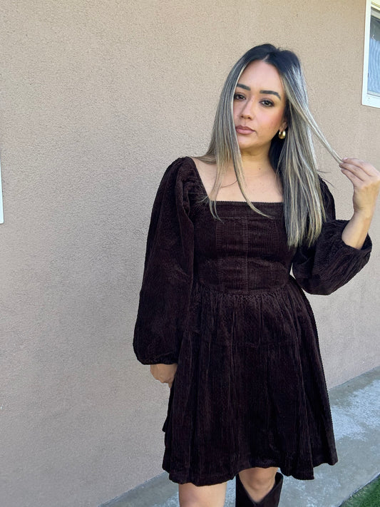 Canela Brown Corduroy Peplum Dress
