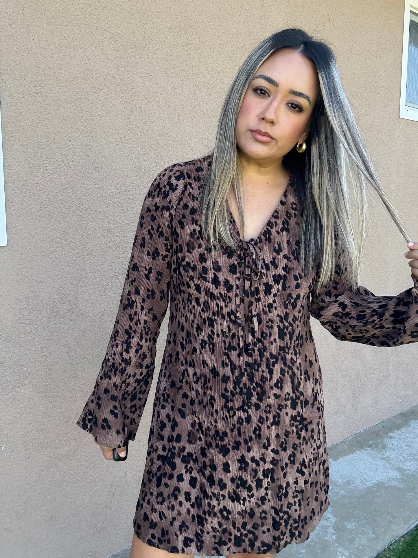 Caramel Leopard Pleated Dress