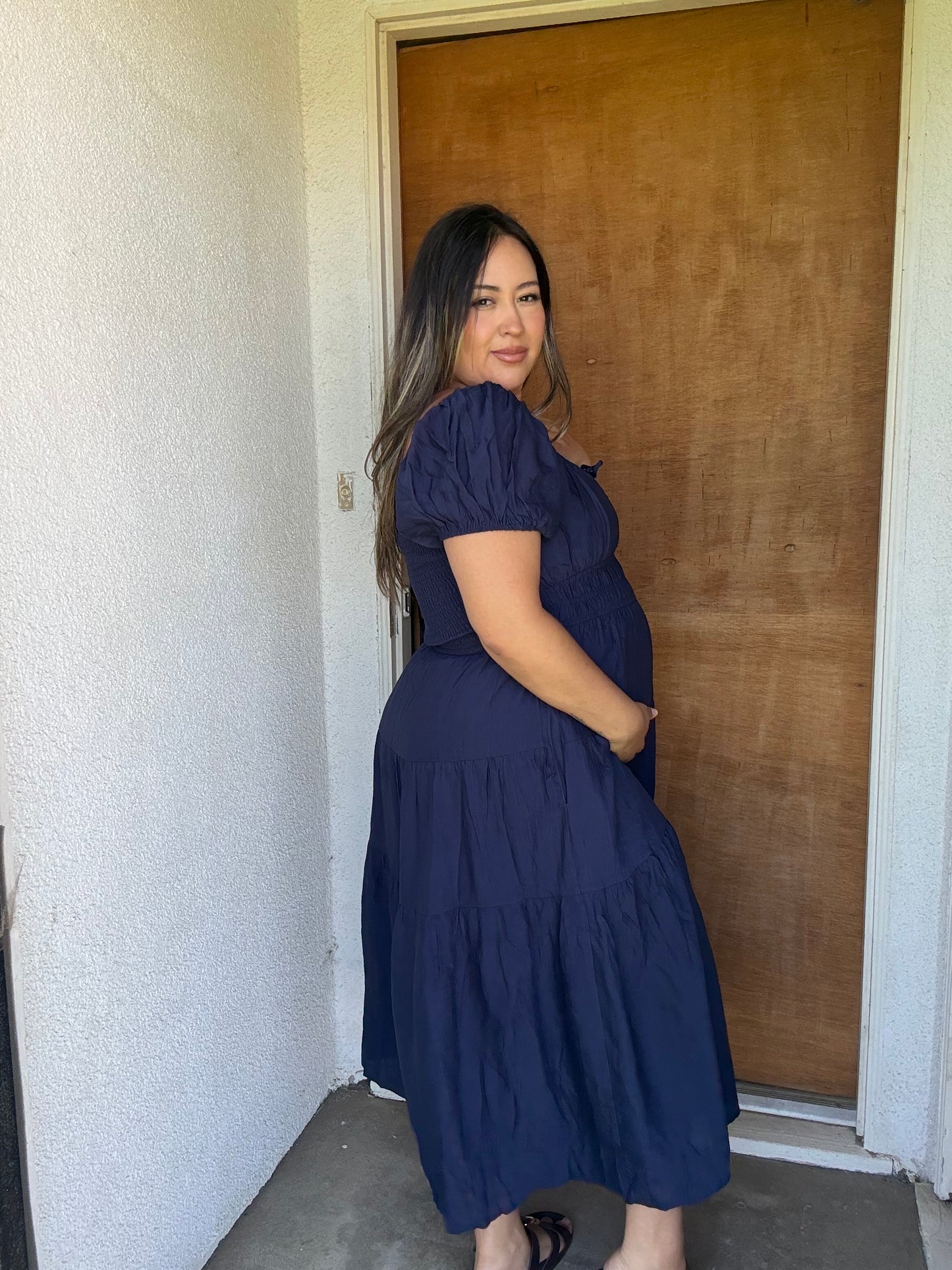 Malia Bubble Sleeve Midi Dress- Navy