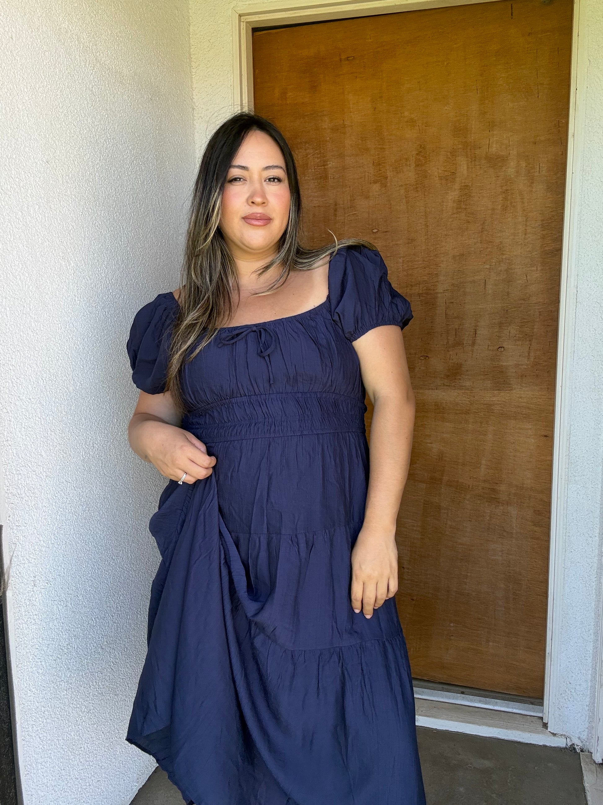 Malia Bubble Sleeve Midi Dress- Navy 3XL