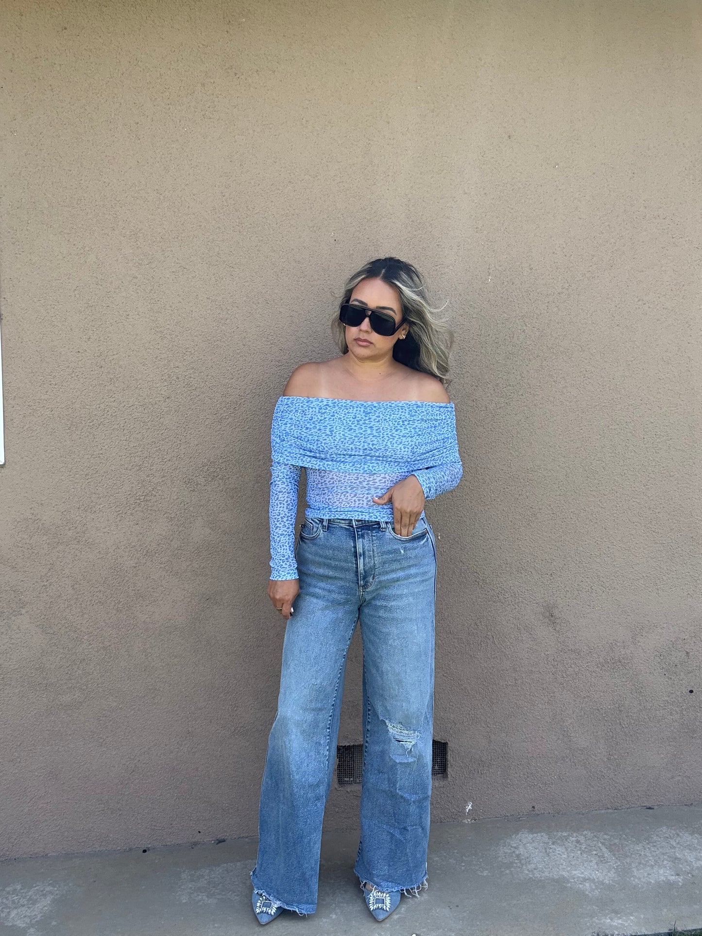 Kennedy Off Shoulder Animal Print Top- Baby Blue