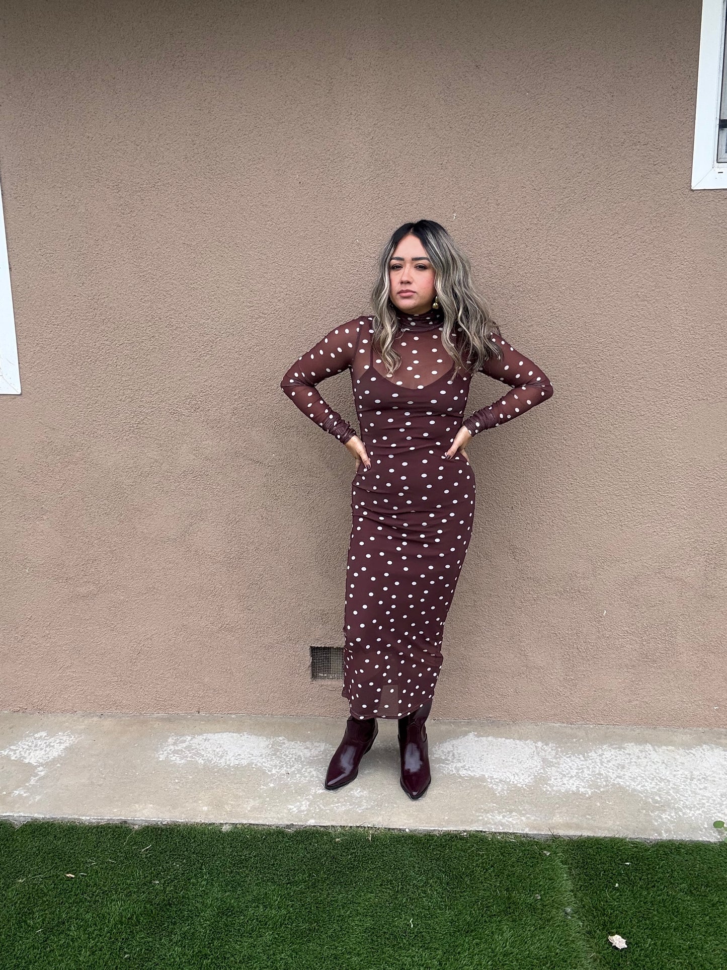 Linda Brown Polka Dot Mesh Maxi