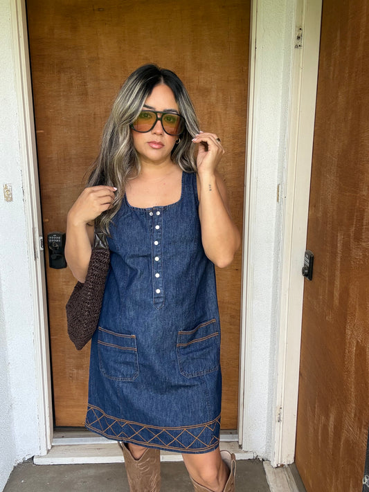 Indigo Denim Embroidered Dress
