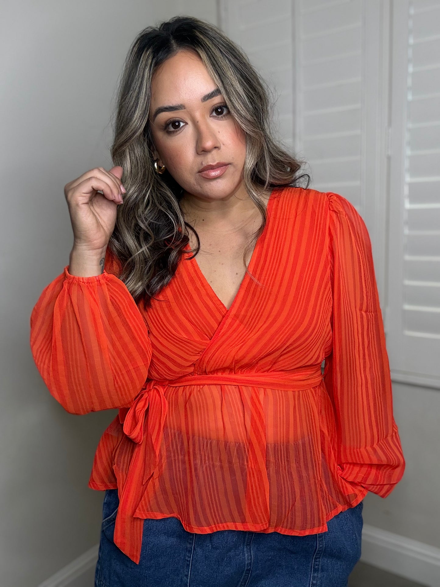 Spritz Sheer Long Sleeve Blouse- Tangerine