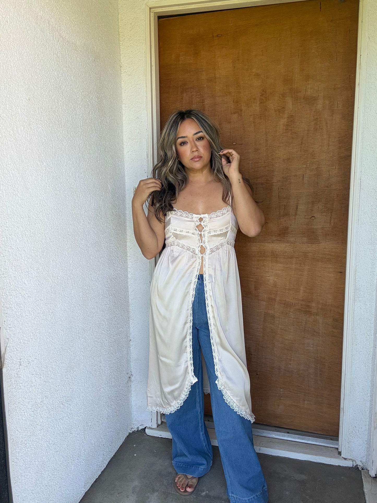 Champagne Girly Lace Trim Satin Button Up Top