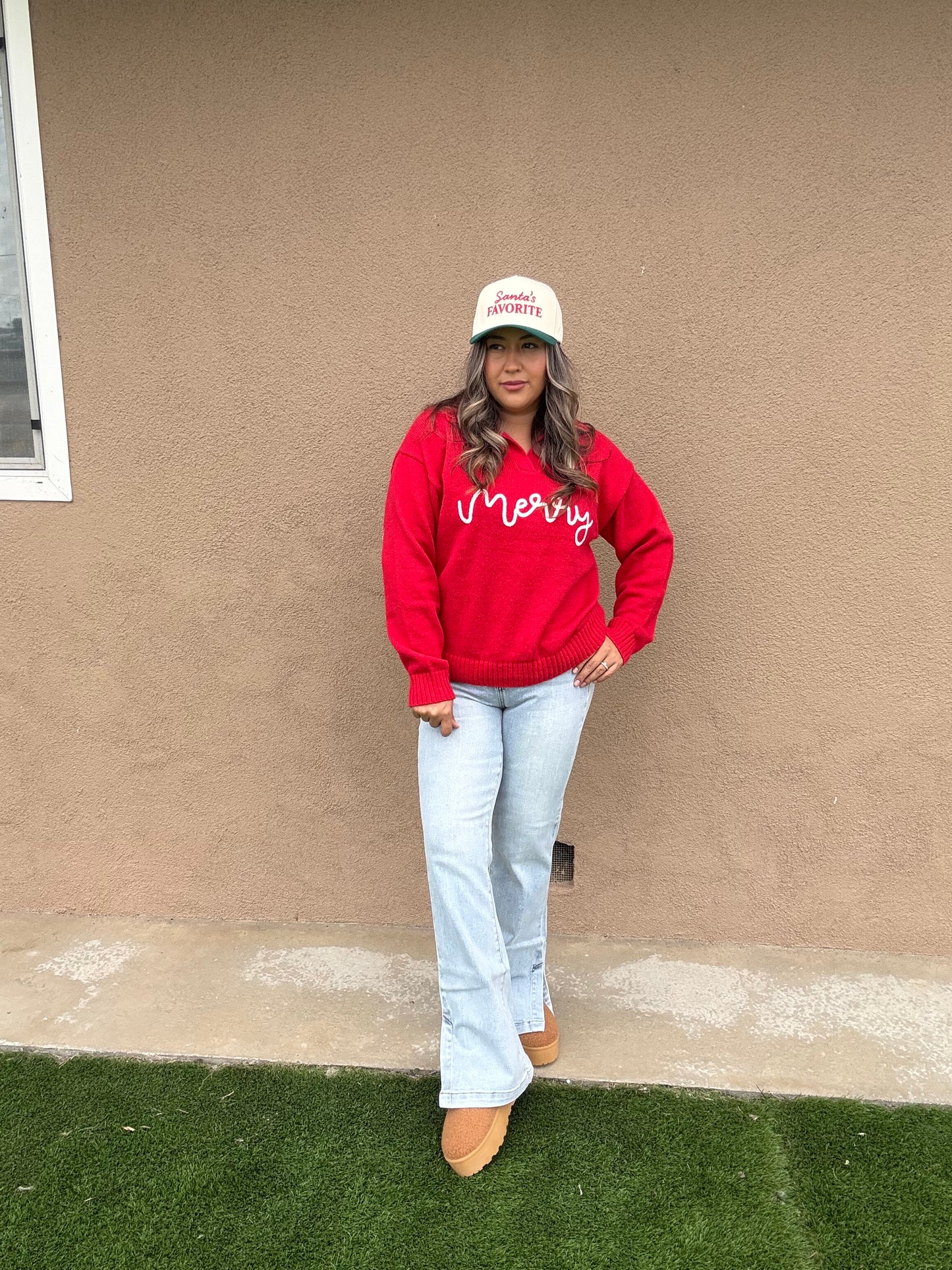 Merry Red Collared Sweater Top