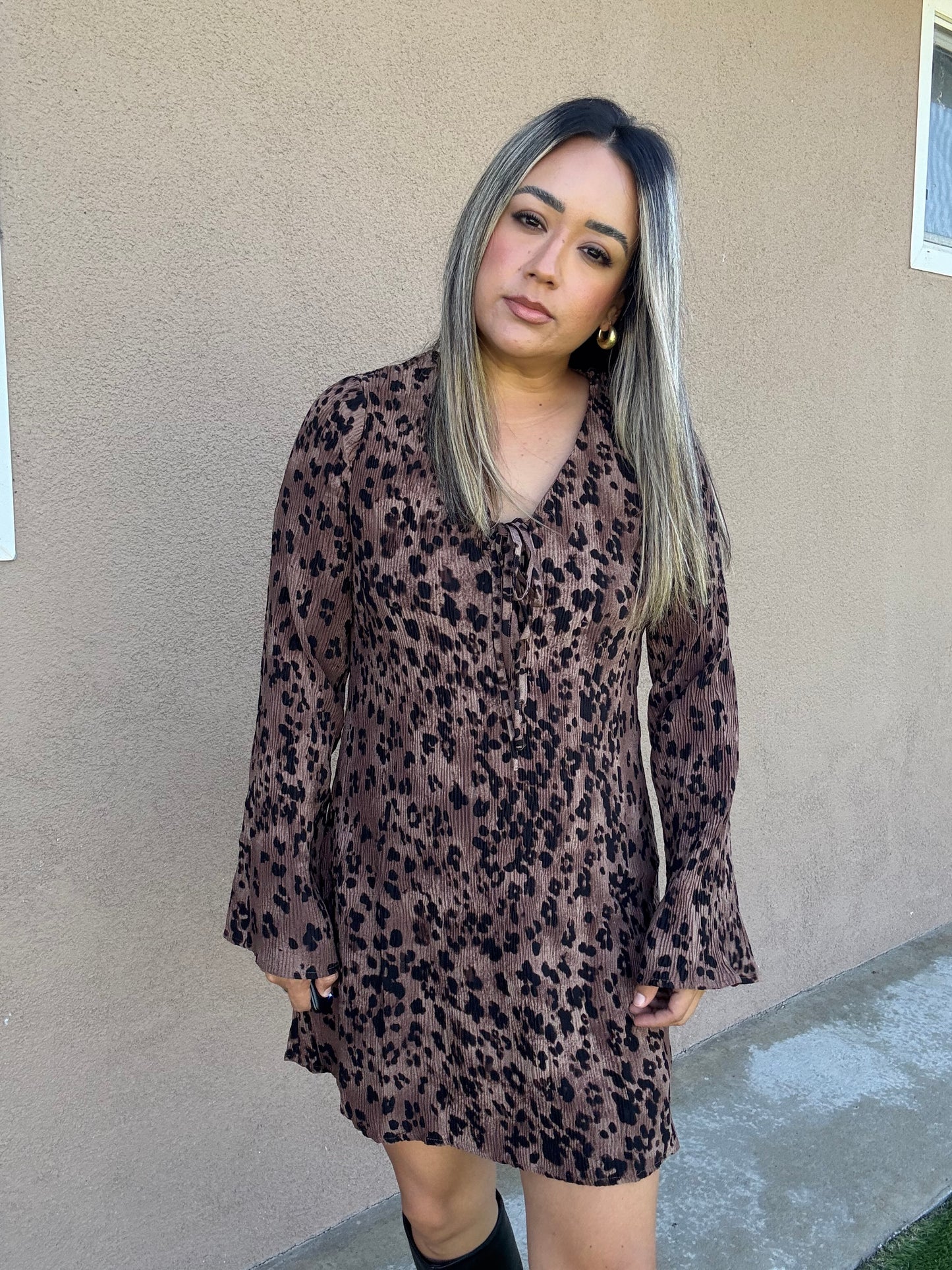 Caramel Leopard Pleated Dress