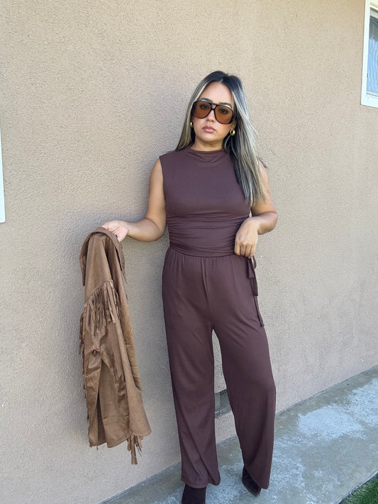 Clove Chocolate Mock Neck Sleeveless Jumpsuit