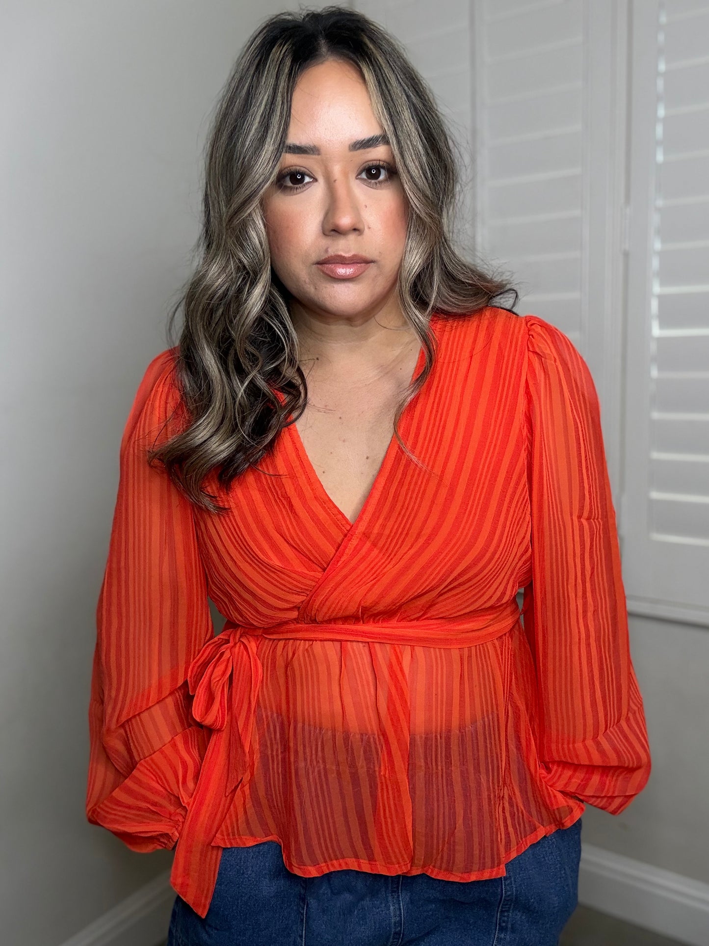 Spritz Sheer Long Sleeve Blouse- Tangerine