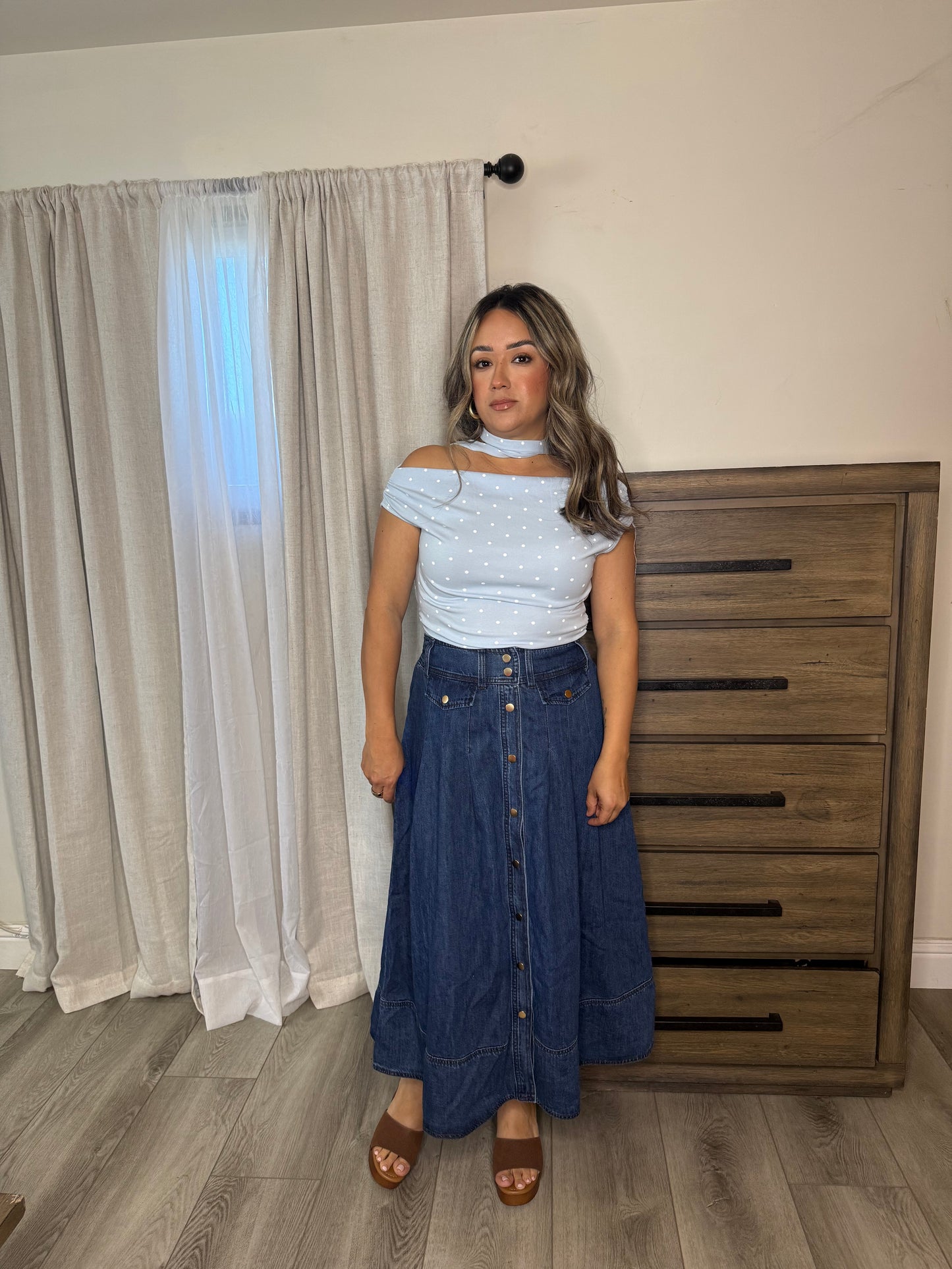 Dainty Polka Dot Off Shoulder Top- Baby Blue