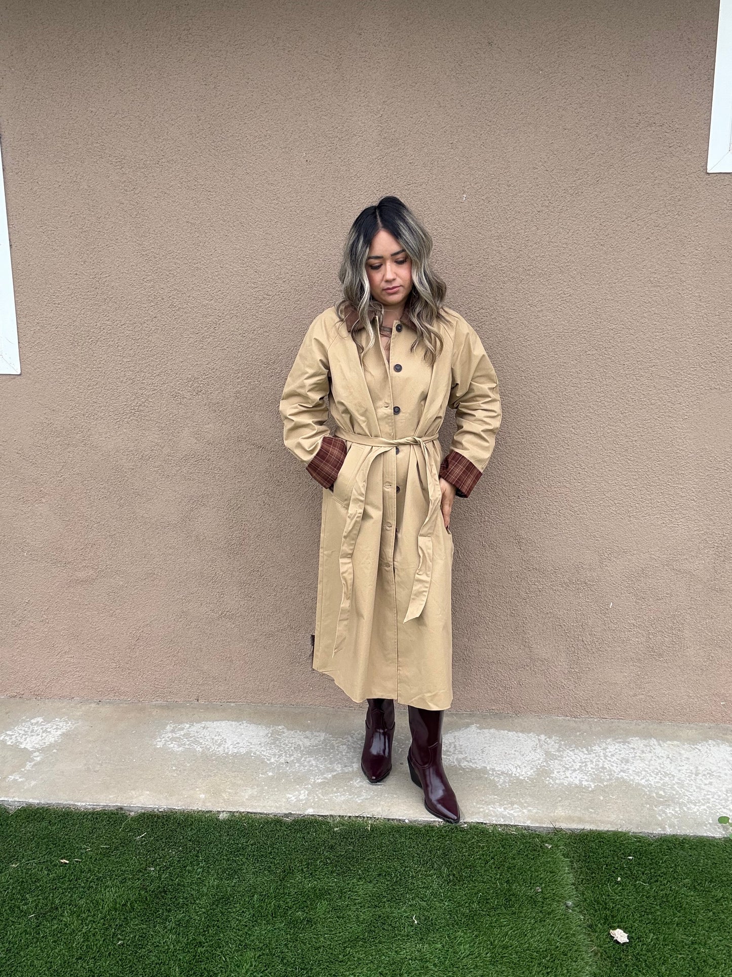 Latte Corduroy Collar Plaid Coat