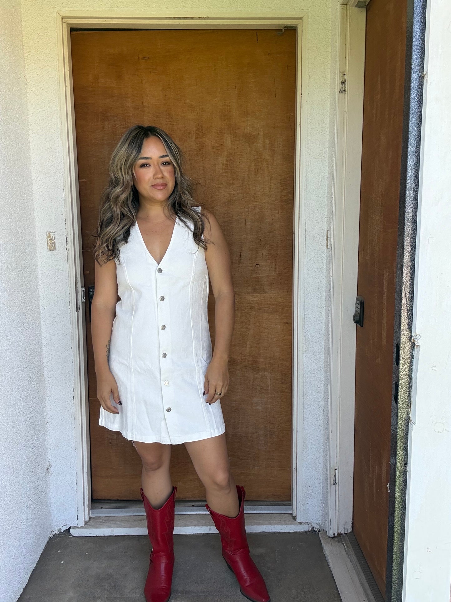 Porch Days Denim Button Down Mini Dress- White