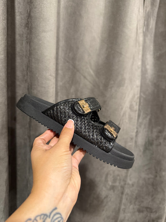 Lyon Black Raffia Slip On Sandal