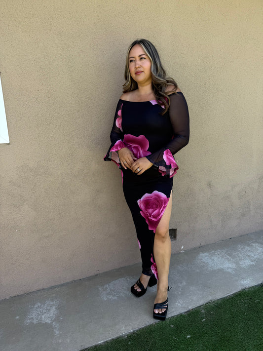 Renata Floral Midi Dress- Black