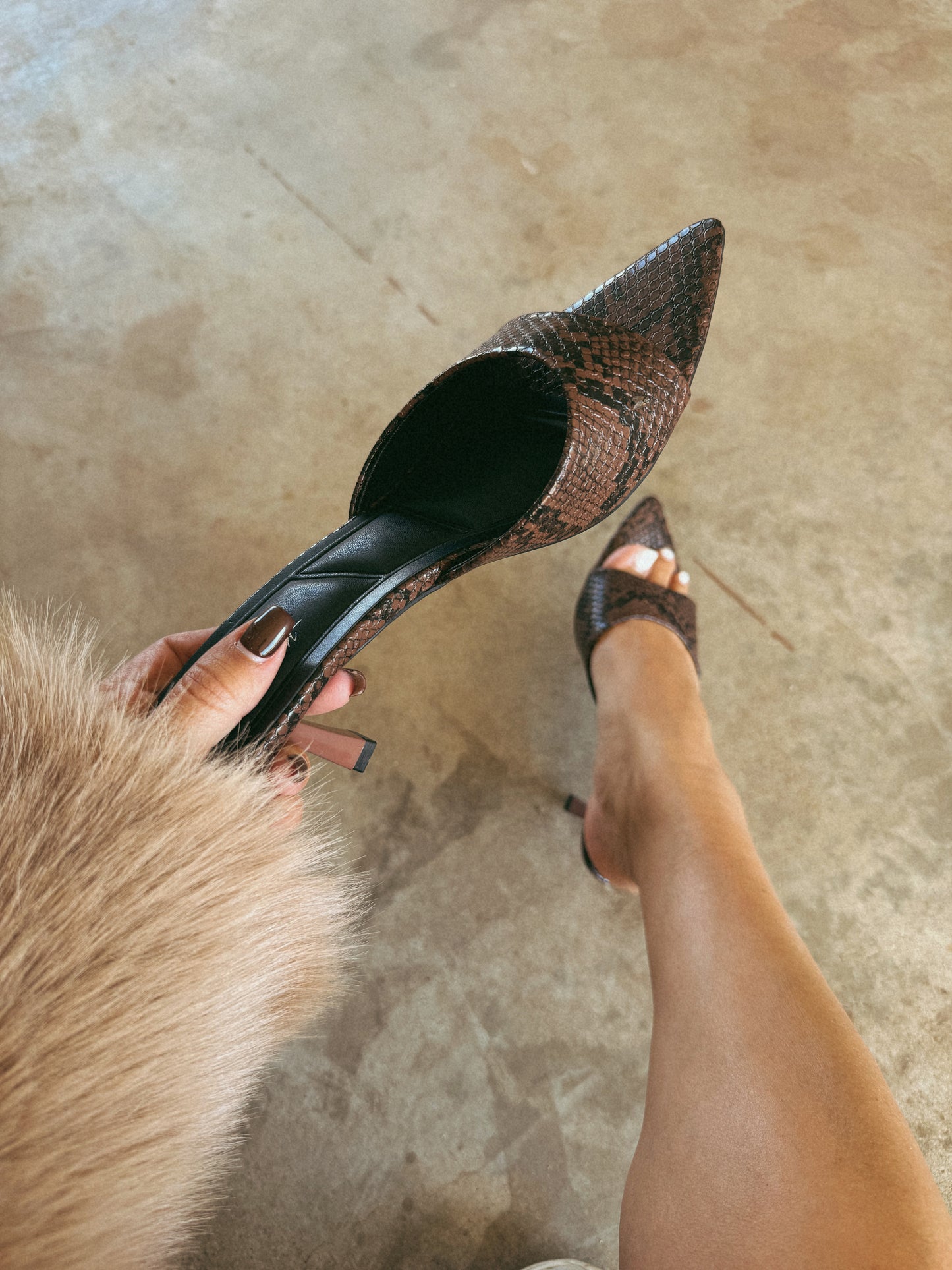 Susan Pointed Open Toe Kitten Heel- Snake
