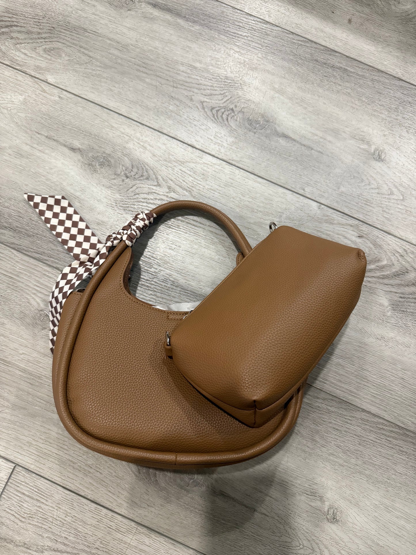 Destiny Checkered Scarf Bag- Light Brown