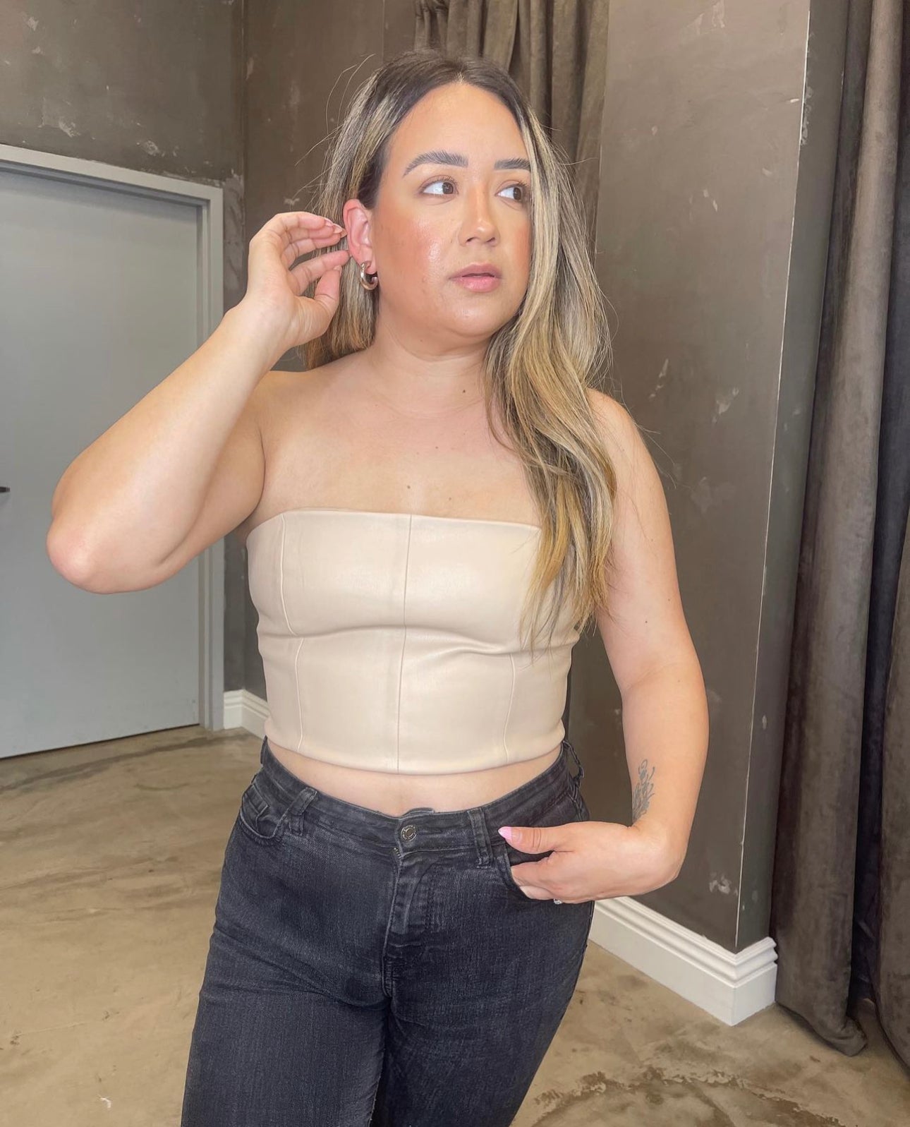 Stepping Out Leather Tube Top Cream