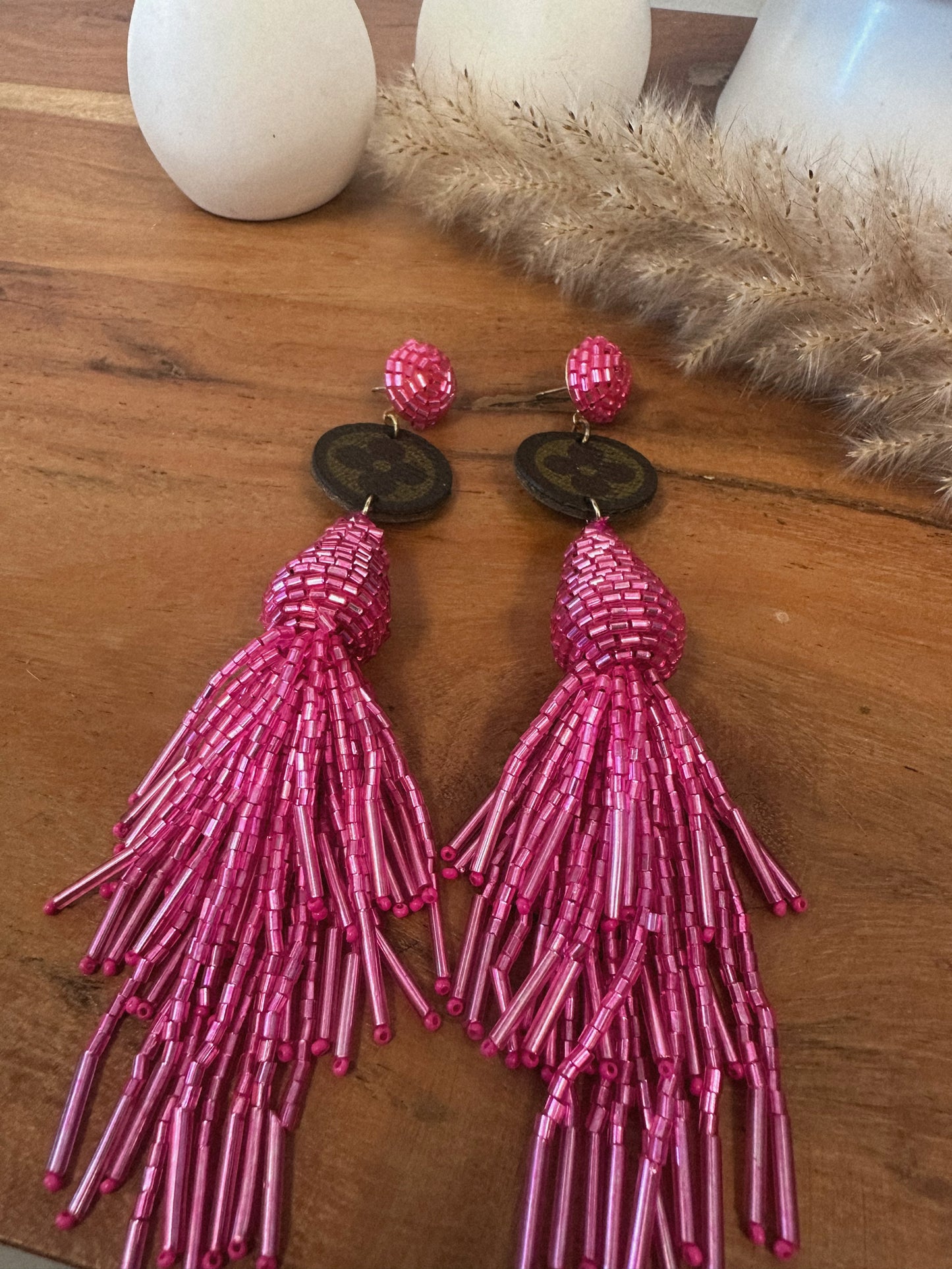 Upcycled LV Beaded Hot Pink Earrings